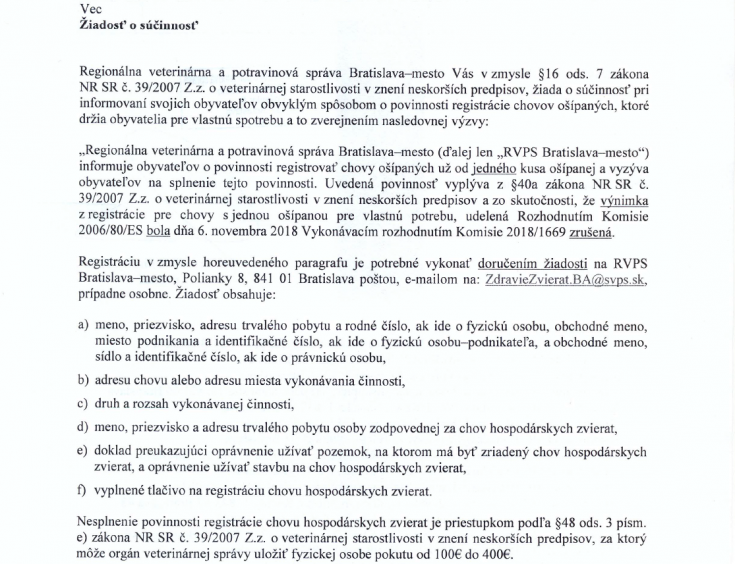 Regionálna veterinárna a potravinová správa: povinnosť registrácie chovu ošípaných